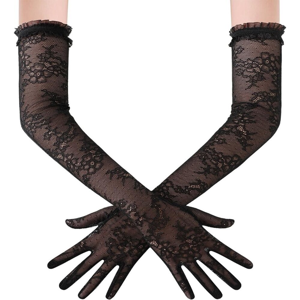 Women's Floral Long Lace Gloves Black Stretchy Elbow Length Elegant Flapper